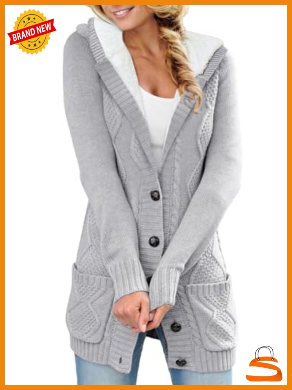 Cable Knit Fleece Lined Hood Cardigan Button Front Sweater with Pockets